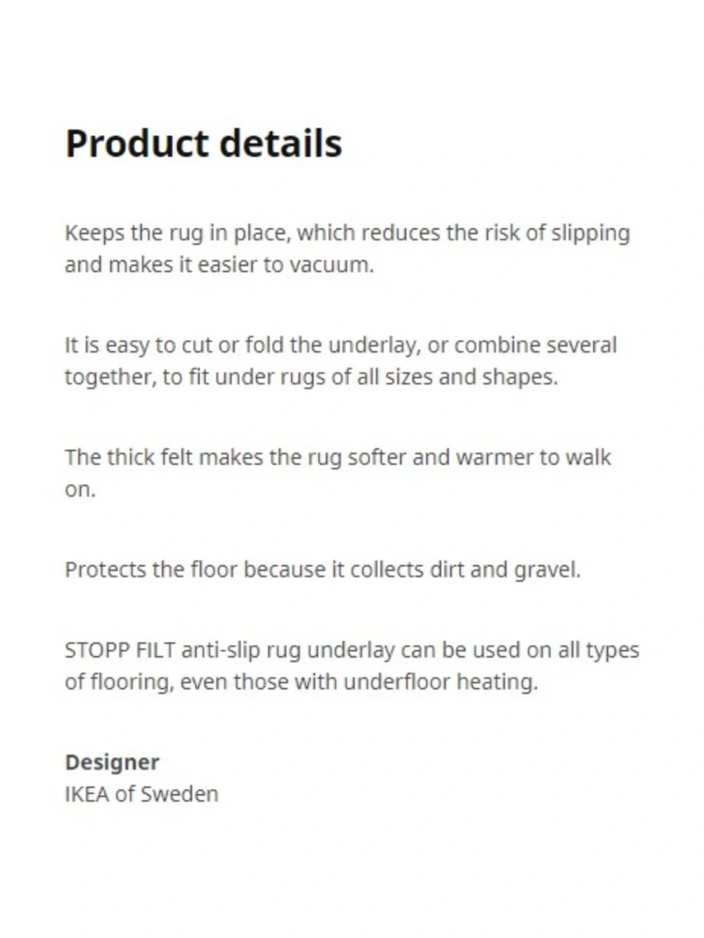 IKEA STOPP FILT Rug Pad New